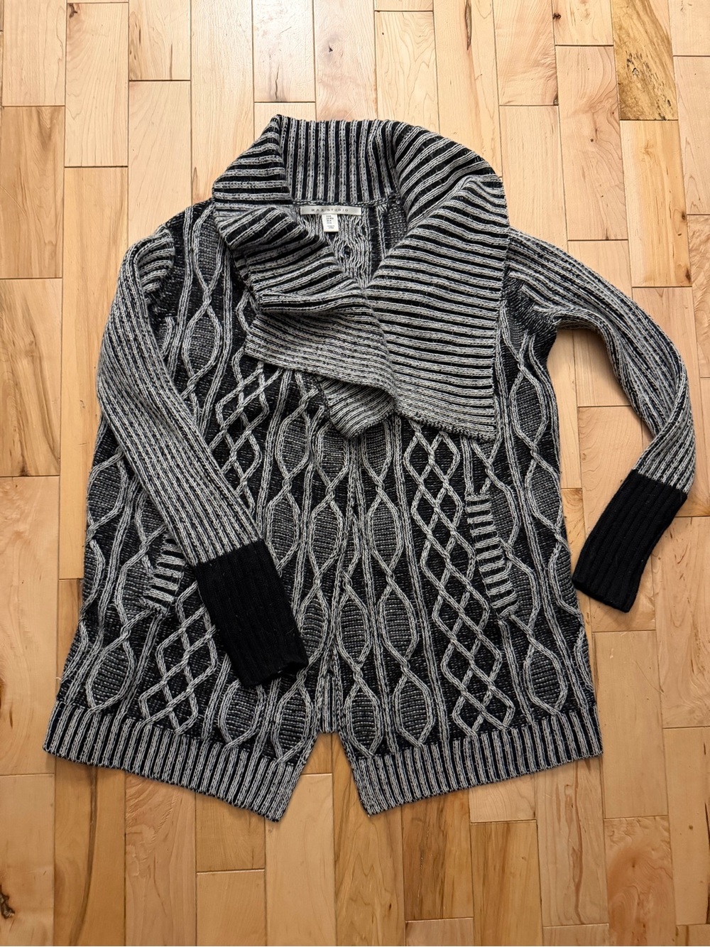 Max Studio Black and Gray Cable Knit Shawl-Collar Cardigan